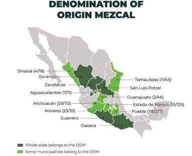 A map of mexico showing where mezcal comes from.